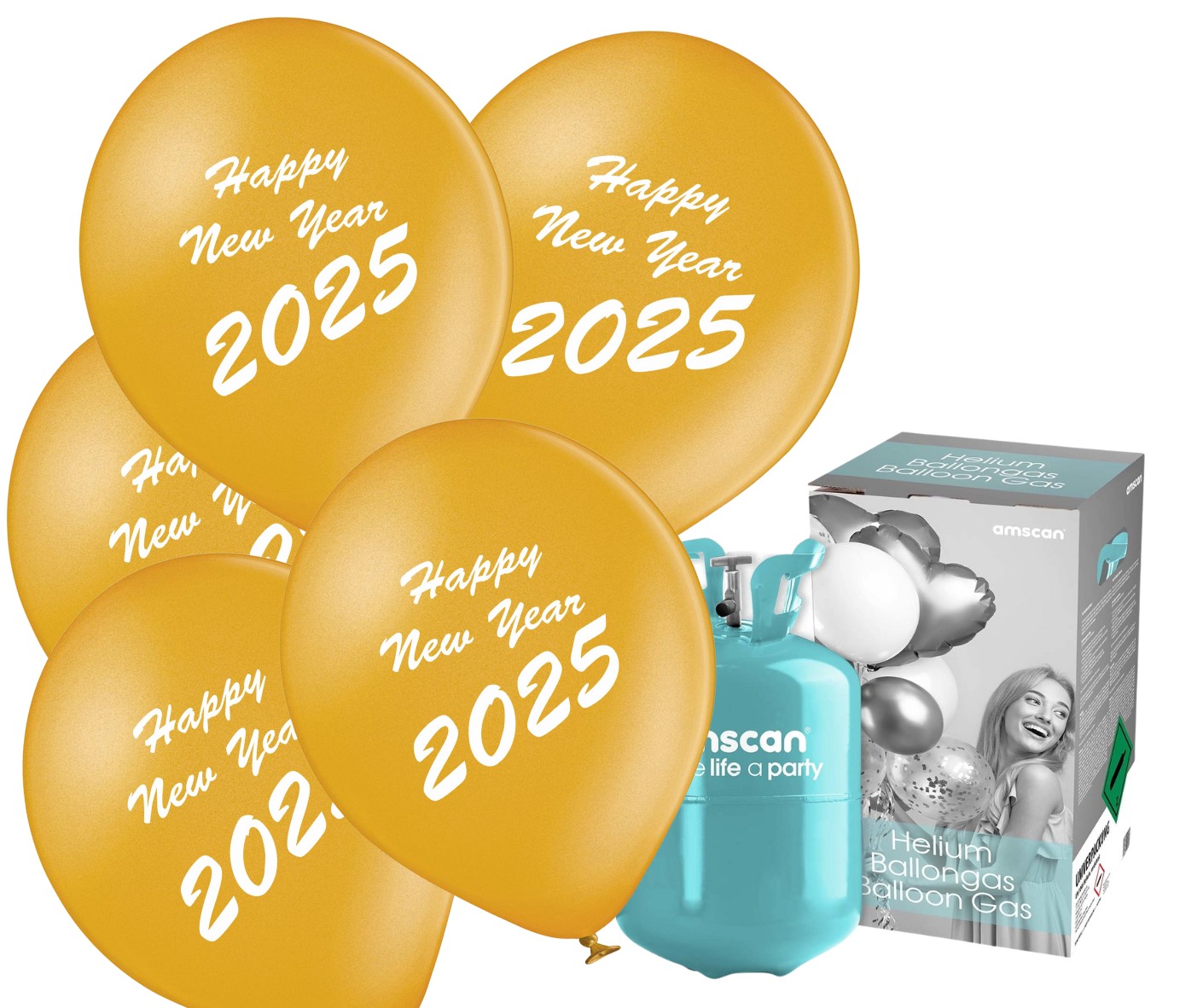 Helium + silvestrovské balónky Happy New Year 2024 zlaté 25 ks