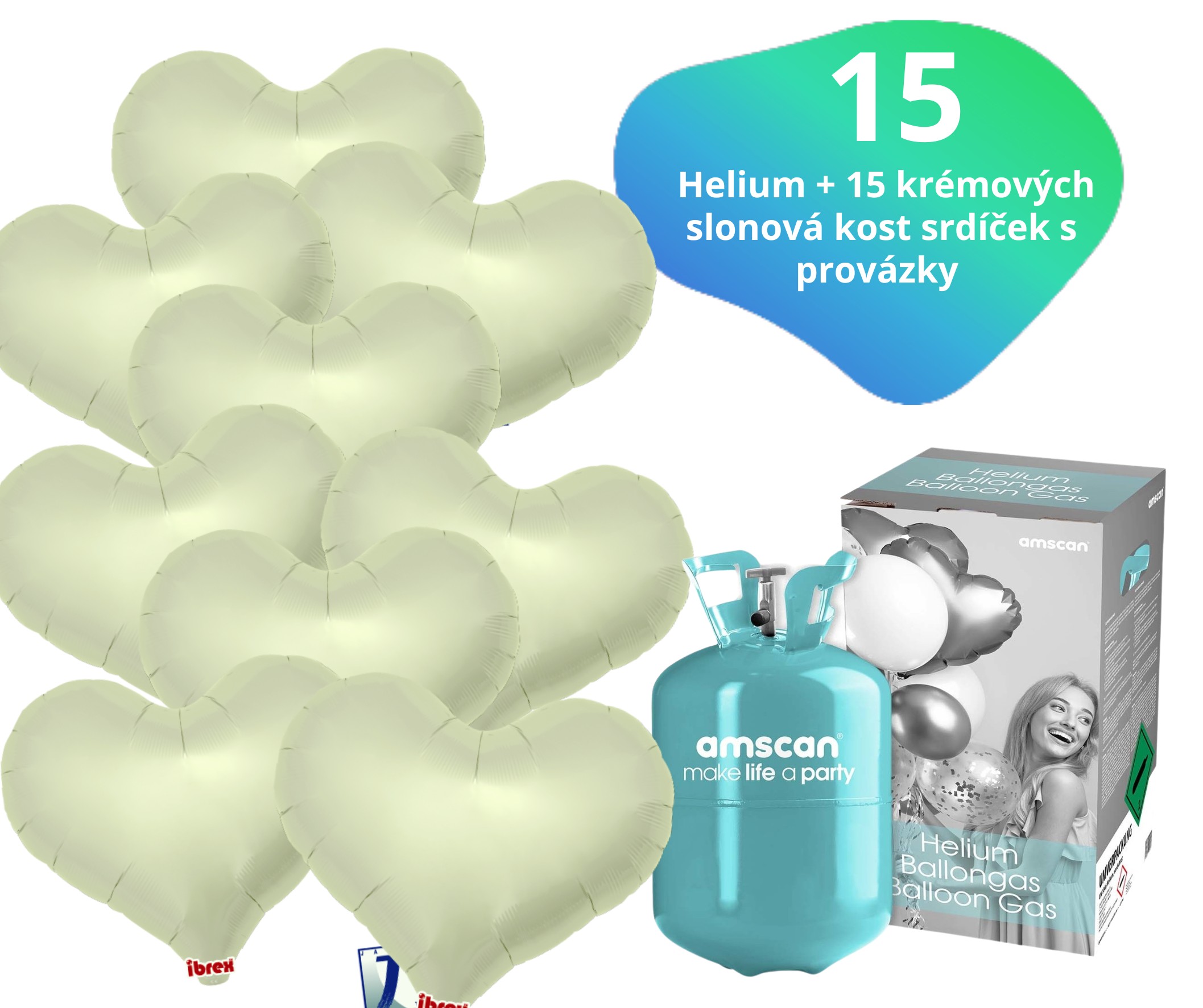 Helium set IBREX srdce krémové 15 ks - balónky s dobou létání 30 dní