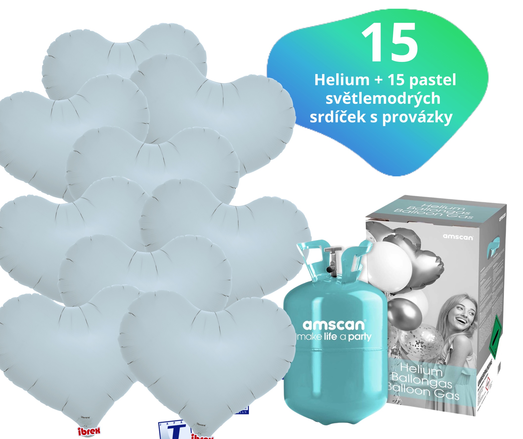 Helium set IBREX srdce světle modré 15 ks - balónky s dobou létání 30 dní