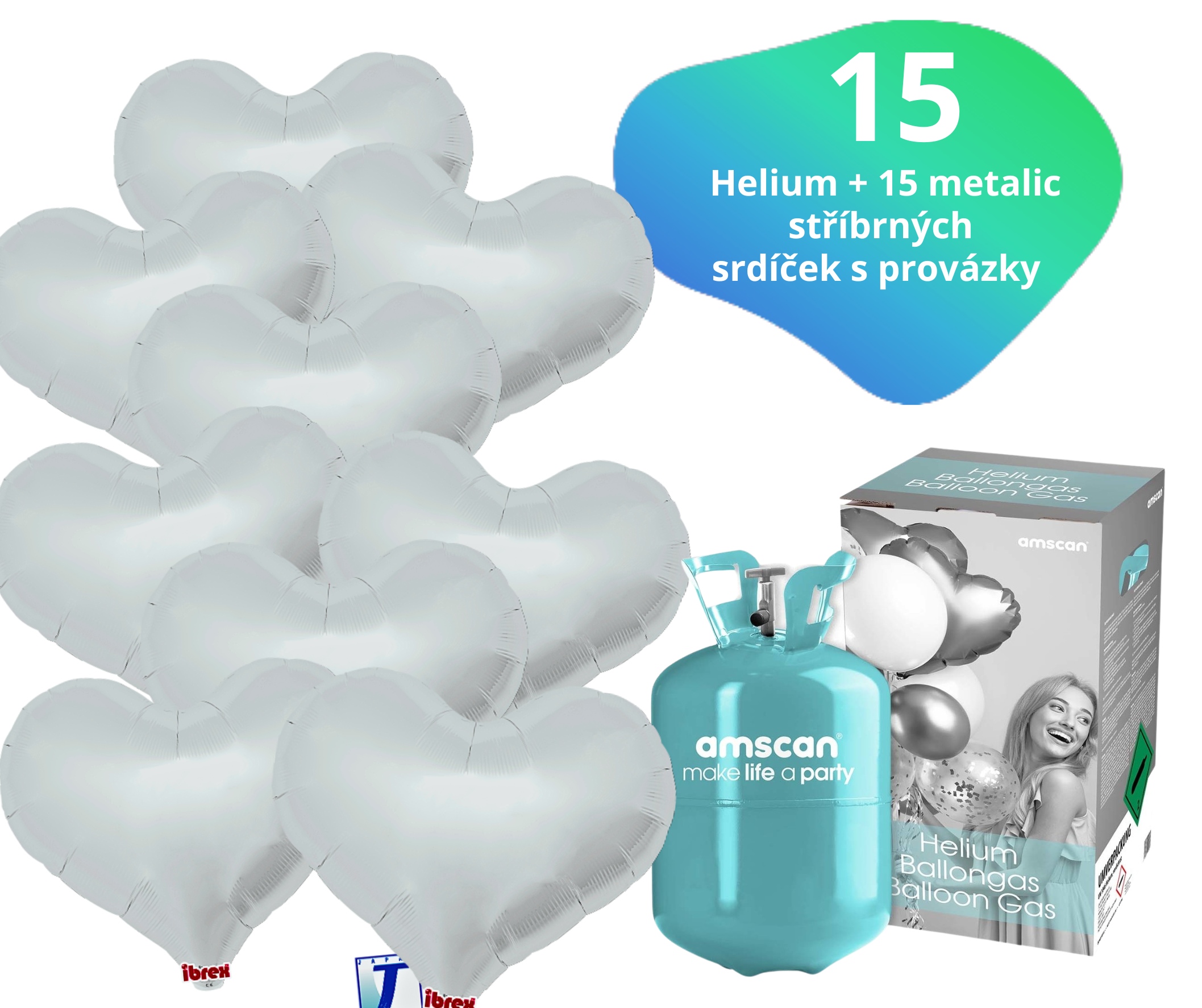 Helium set IBREX srdce stříbrné 15 ks - balónky s dobou létání 30 dní