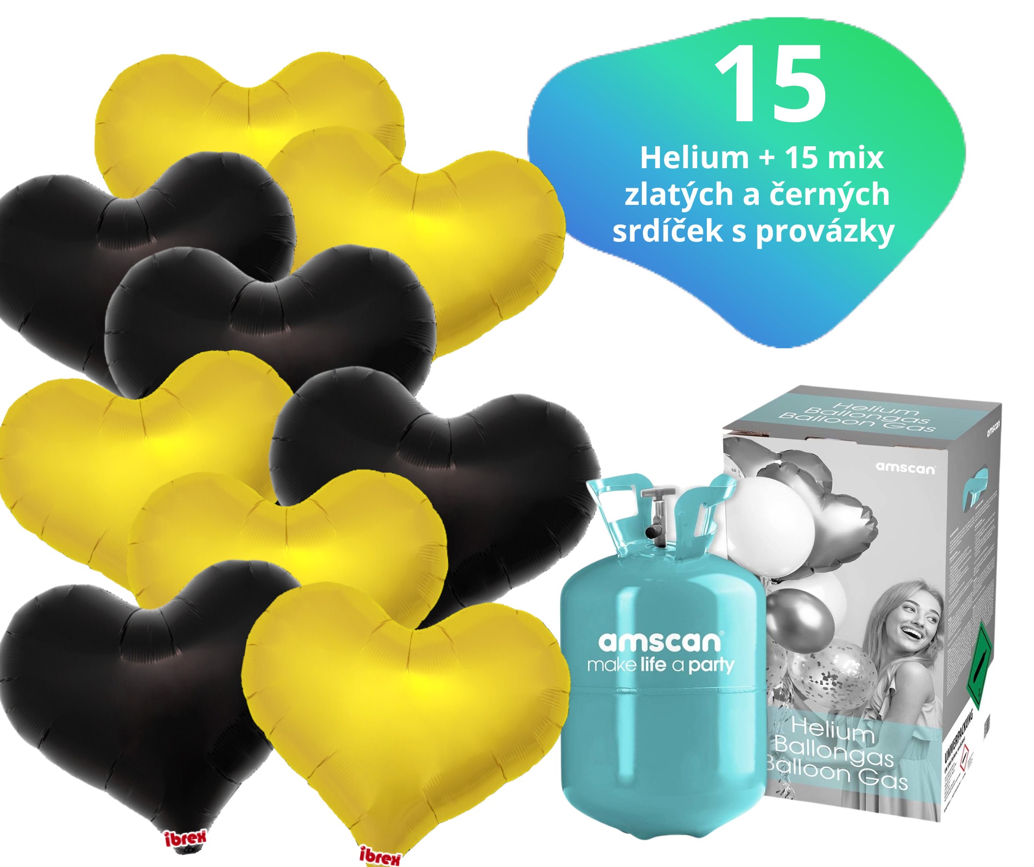 Helium set IBREX srdce černé a zlaté 15 ks - balónky s dobou létání 30 dní