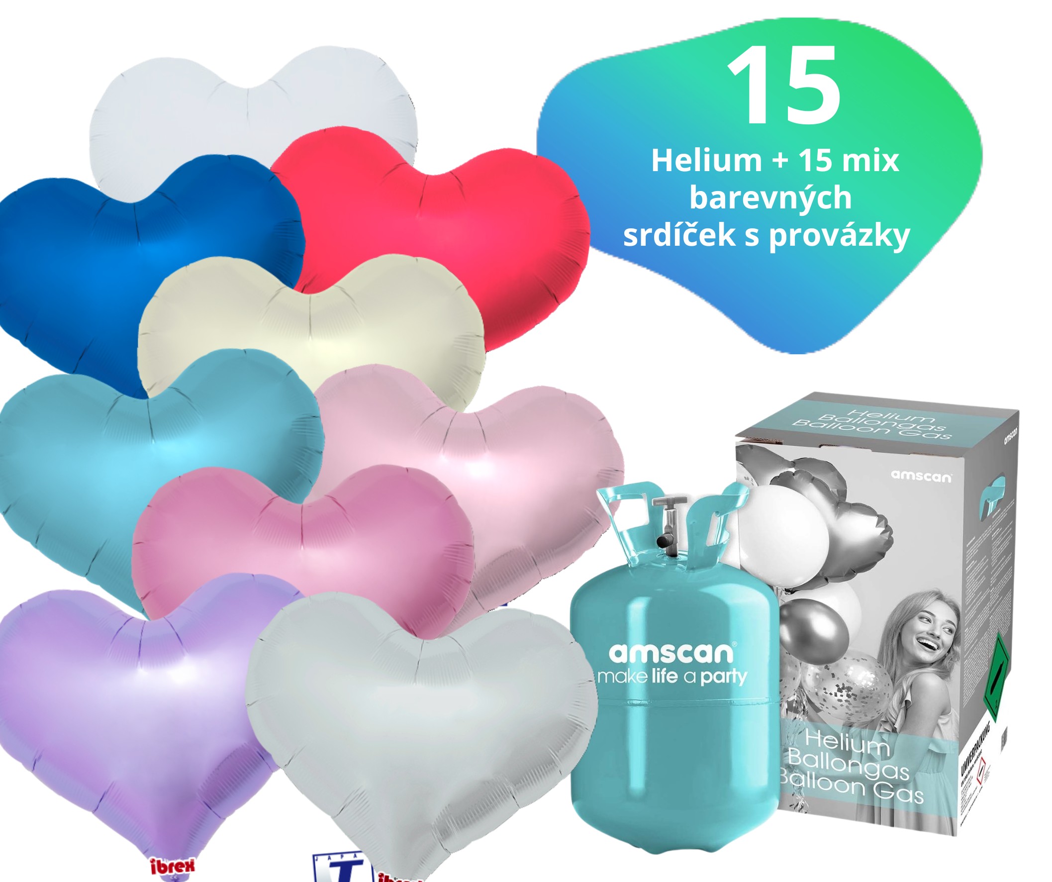 Helium set IBREX srdce mix barev 15 ks - balónky s dobou létání 30 dní